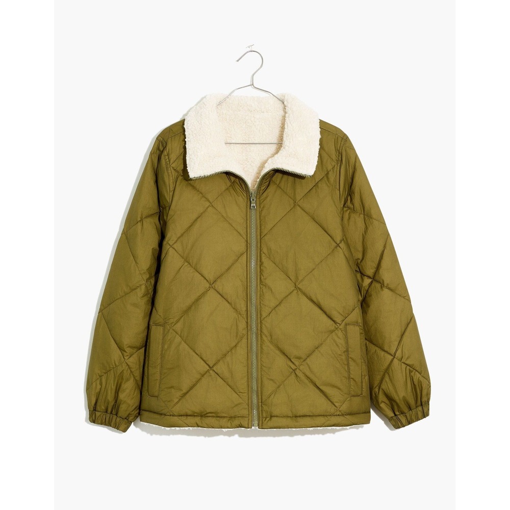 Madewell Women's Reversible Sherpa Puffer Jacket Colorblock Green Size Small